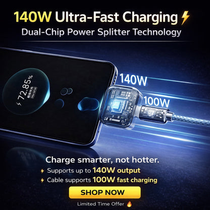 Auto Cut-Off Fast Charging Cable (Safe Overnight Charging)- 140W Smart Power Splitter Adapter